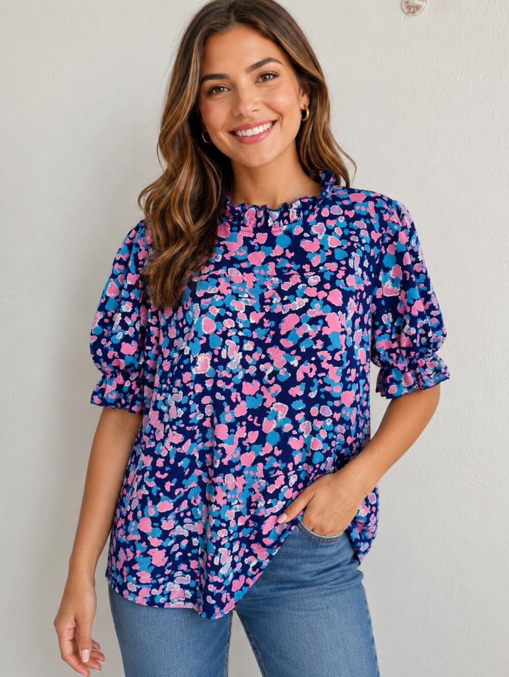 SHEIN Navy, Pink, Teal Spotted Puff-Sleeve Blouse with Ruffled Collar, Size XL